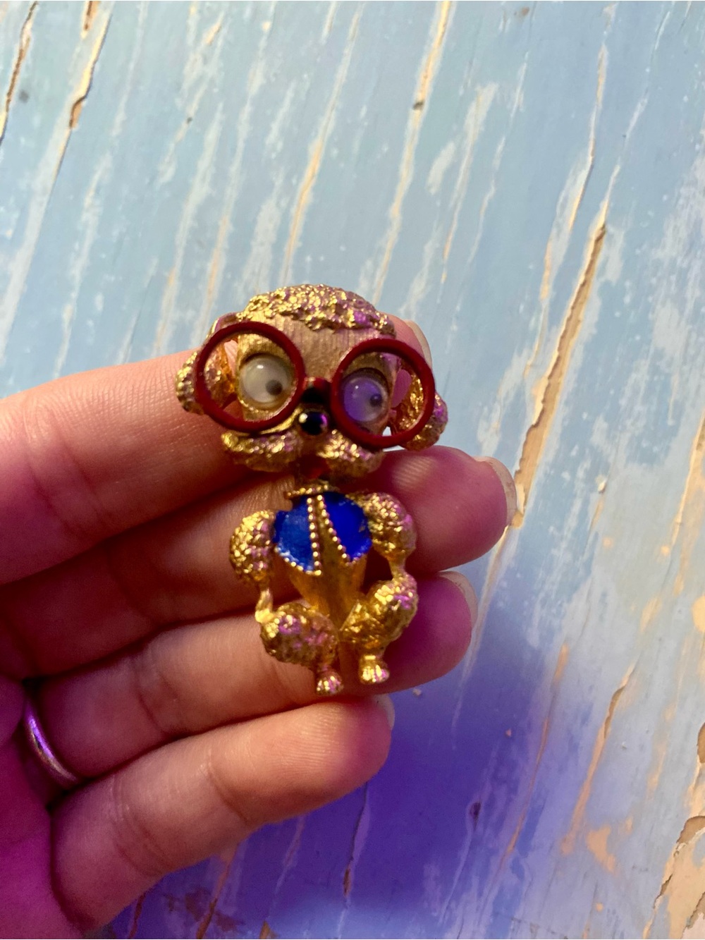 Gold-tone Novelty Puppy Pin with Blue Accent and Red Glasses